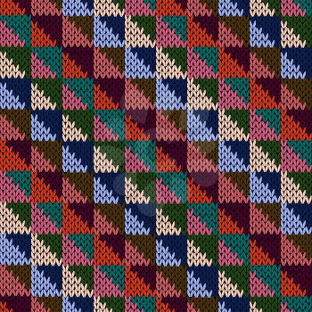 Knitted motley geometric background in blue, pink, turquoise, orange and beige colors, seamless knitting vector pattern as a fabric texture