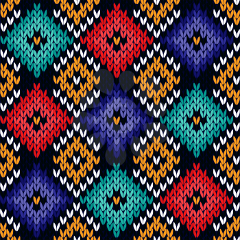 Checkered quadratic multicolor knitted background, seamless knitting vector pattern as a fabric texture