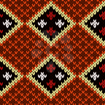 Rhombus checkered knitted background in white and in warm colors, seamless knitting vector pattern as a fabric texture