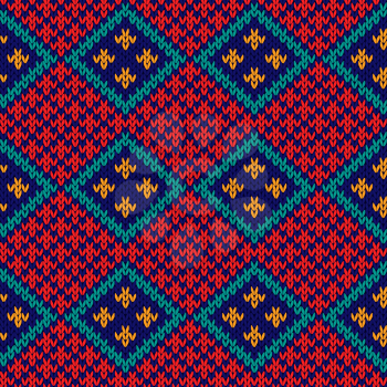 Rhombus checkered knitted background in red, blue, orange and turquoise colors, seamless knitting vector pattern as a fabric texture