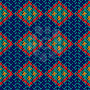 Rhombus checkered knitted background in red, blue, orange and turquoise hues, seamless knitting vector pattern as a fabric texture