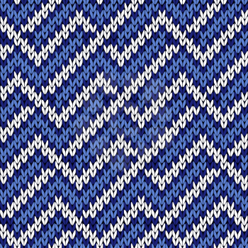 Knitted wavy background in winter motif in cool blue hues and in white, seamless knitting vector pattern as a fabric texture