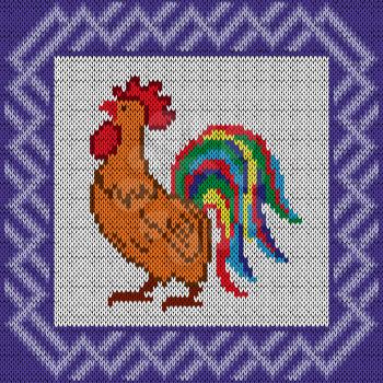 Proud Red Rooster with colourful tail in blue ornamental frame, knitted vector pattern as a fabric texture