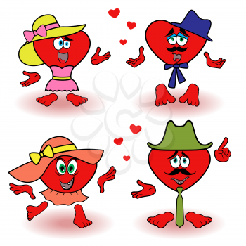 Amusing loving red hearts two pairs, Valentine cartoon vector illustrations isolated over white background