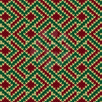 Knitted background in red, green and beige colors, seamless knitting vector pattern as a fabric texture