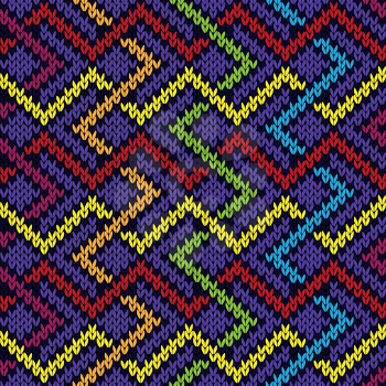Knitted background in red, green, violet, yellow and orange colors, seamless knitting vector pattern as a fabric texture