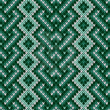 Knitted interwoven geometric pattern mainly in green, turquoise and white colors, seamless knitting vector pattern as a fabric texture