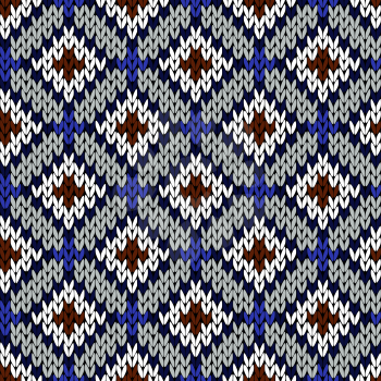 Abstract knitting ornamental seamless vector pattern as a knitted fabric texture in blue, grey, brown and white colors