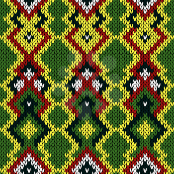Knitted background red, green, yellow and white colors, seamless knitting vector pattern as a fabric texture