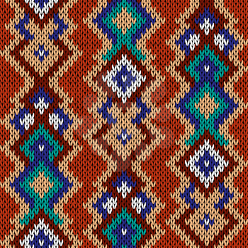 Knitted background red, brown, blue, turquoise, beige and white colors, seamless knitting vector pattern as a fabric texture