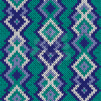 Knitted ornamental background in turquoise, blue and white hues, seamless knitting vector pattern as a fabric texture