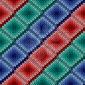 Knitted background with rows of rhombus cells of red, turquoise and blue hues, seamless knitting vector pattern as a fabric texture