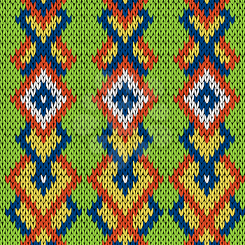 Knitted background in green, blue, orange, yellow and white colors, seamless knitting vector pattern as a fabric texture