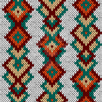 Knitted background in white, orange, brown, beige and turquoise colors, seamless knitting vector pattern as a fabric texture