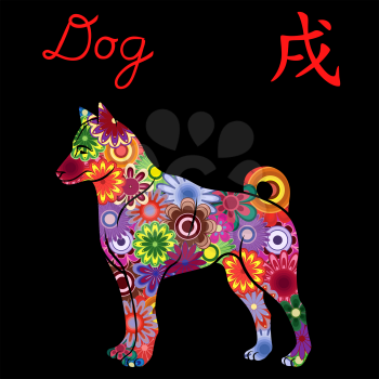 Chinese Zodiac Sign Dog, Fixed Element Earth, symbol of New Year on the Eastern calendar, hand drawn vector stencil with colorful flowers isolated on a black background