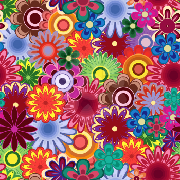 Seamless vector pattern with many bright colourful flowers