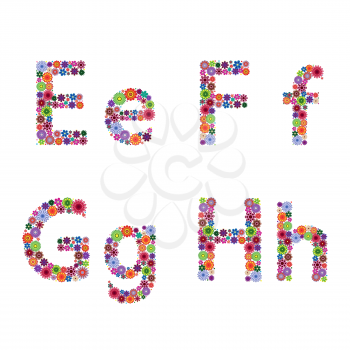 Alphabet part with many colourful flowery letters E, F, G, H isolated on the white background, vector artwork