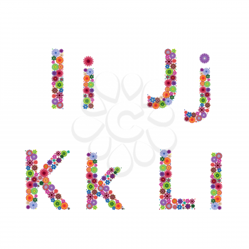 Alphabet part with many colourful flowery letters I, J, K, L isolated on the white background, vector artwork