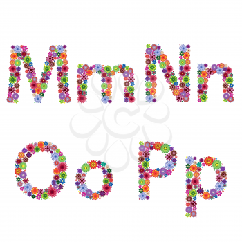 Alphabet part with many colourful flowery letters M, N, O, P isolated on the white background, vector artwork