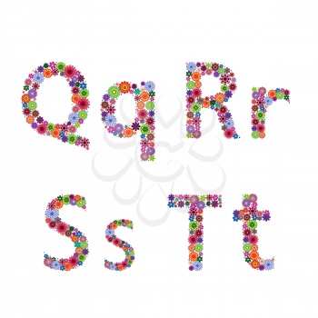 Alphabet part with many colourful flowery letters Q, R, S, T isolated on the white background, vector artwork