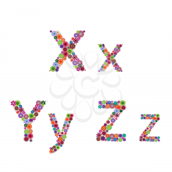 Alphabet part with many colourful flowery letters X, Y, Z isolated on the white background, vector artwork