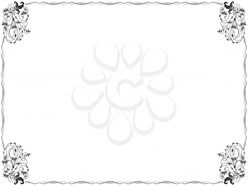 Background Frame with swirl border design elements and with various leaves and flowers in corners, hand drawn vector illustration