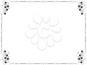 Frame background with floral swirl border design elements and flowers in corner, hand drawn vector illustration