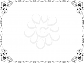 Frame background with swirl border design elements and with leaves and flowers in corners, hand drawn vector illustration