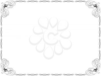 Frame background with swirl border design elements and with flowers in corners, hand drawn vector illustration