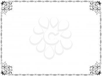 Floral pattern framed with swirl border elements and with leaves and flowers in corners, hand drawn vector illustration