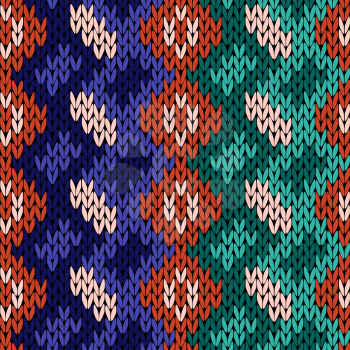Knitted background with vertical ornate rows in orange, blue, beige and turquoise hues, seamless knitting vector pattern as a fabric texture