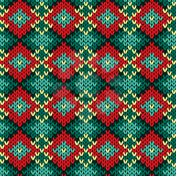 Knitted background with rhombus ornate rows in red, green, yellow and turquoise hues, seamless knitting vector pattern as a fabric texture