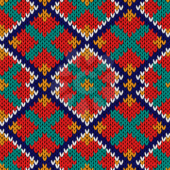 Knitted background with multicolor rhombus ornament in red, orange, blue, white and turquoise hues, seamless knitting vector pattern as a fabric texture
