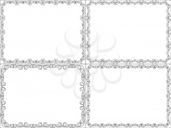 Set of four framed backgrounds with swirl border design elements, hand drawn vector illustration