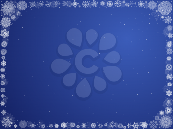 Christmas blue background with lot of ornate white snowflakes framed around, vector illustration