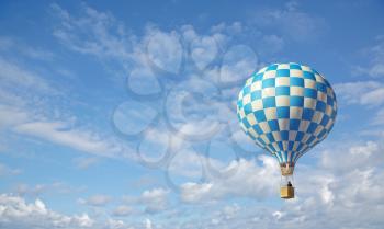 3d render of blue-white hot air balloon in the blue sky