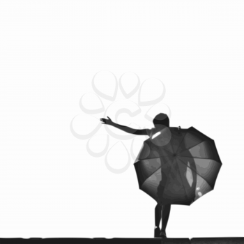 vector black and white illustration of a young woman with an umbrella