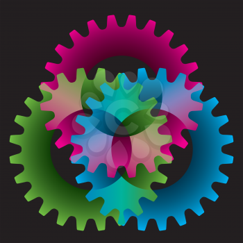 Tree colored gears isolated on black (settings or amalgamation icon)
