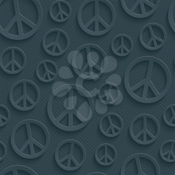 Dark perforated paper with cut out effect. 3d peace simbol seamless background. Vector EPS10.