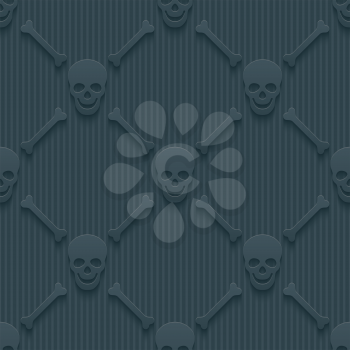 Dark perforated paper with cut out effect. 3d skulls and bones seamless background. Vector EPS10.