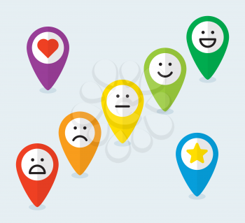 Set of map pointers with feedback emoticons in flat style