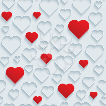 Valentines Day seamless background. Red and outline white hearts.