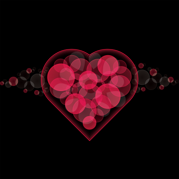 Black Valentine's day card background with red heart of bokeh circles.