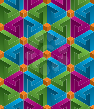 Multicolor Isometric Seamless Pattern. 3D Optical Illusion Background Texture. Editable Vector EPS10 Illustration.