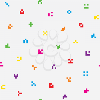 Multicolor abstract pixelated icons seamless pattern for design. Colorful tileable vector background for kids in minimalistic style.
