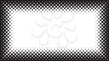 Black and White Halftone Frame with Copyspace for Presentation on 16x9 Screen. Vector Design Element with Half Tone Fade Effect. Monochrome spotted background for banners or flayers.