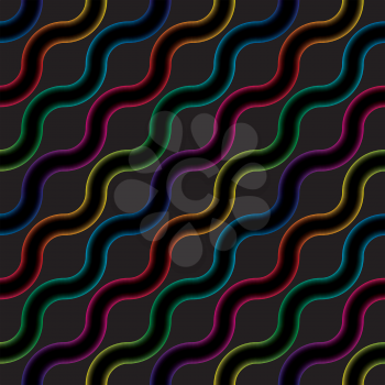 Multicolor neon light wavy lines. Colorful seamless pattern. Vector dark tileable background.