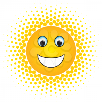Orange Smiling Sun Emoji with Halftone Effect. Half-tone vector design element. Hello Summer concept.