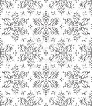 Black and white Flourish Snowflakes Seamless Winter Pattern. Linear tileable vector background.