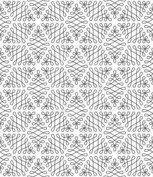 Black and white Seamless Flourish Pattern. Monochrome Tileable Squiggle Stroke Ornate. Vintage Flourish Vector Background.